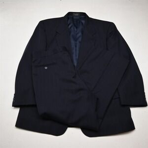 Vtg 90s 46R 38x30 Navy Blue Striped 100% Wool Mens Jacket Pants Suit